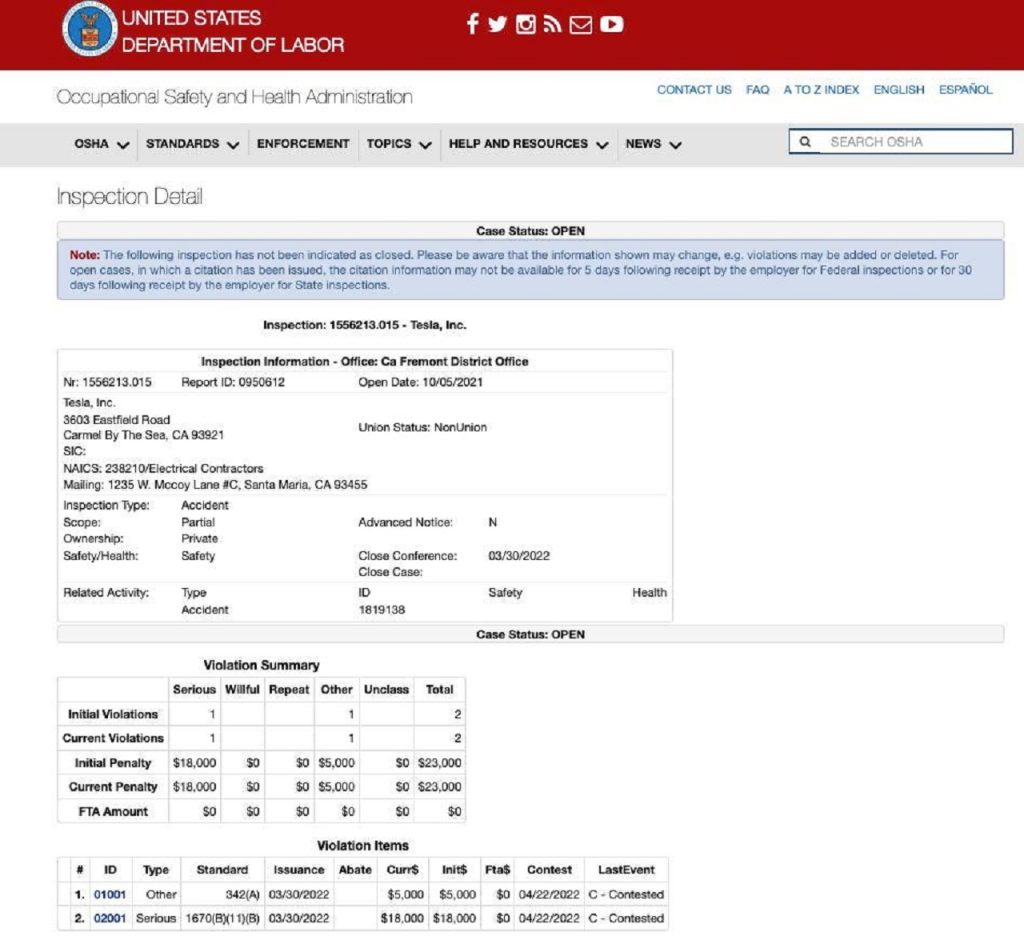 Una citación de seguridad reciente para Tesla derivada de una revisión de las operaciones en su planta de Fremont, California. Fuente: OSHA